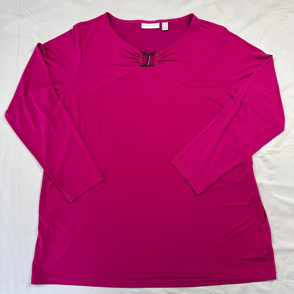 Susan Graver Women Top 1X Magenta Liquid Knit Buckle 3/4 Sleeve Stretch Blouse